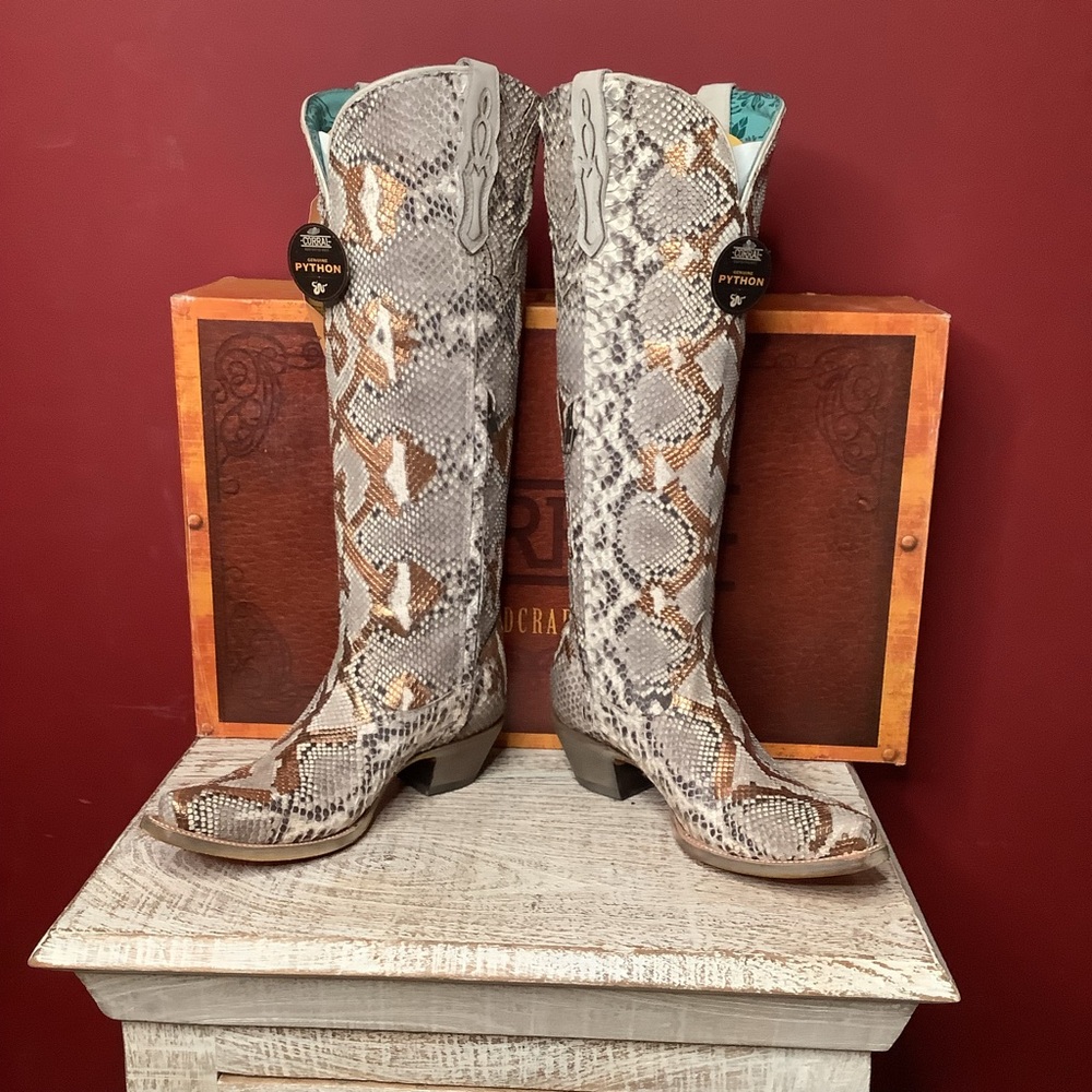 Corral Python Snake Skin Hand Painted Gold Accents Tall Top Western Boots 2”Heel - Picture 2 of 14